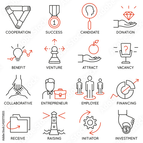 Vector set of 16 icons related to business management, strategy, career progress and business process. Mono line pictograms and infographics design elements - part 30