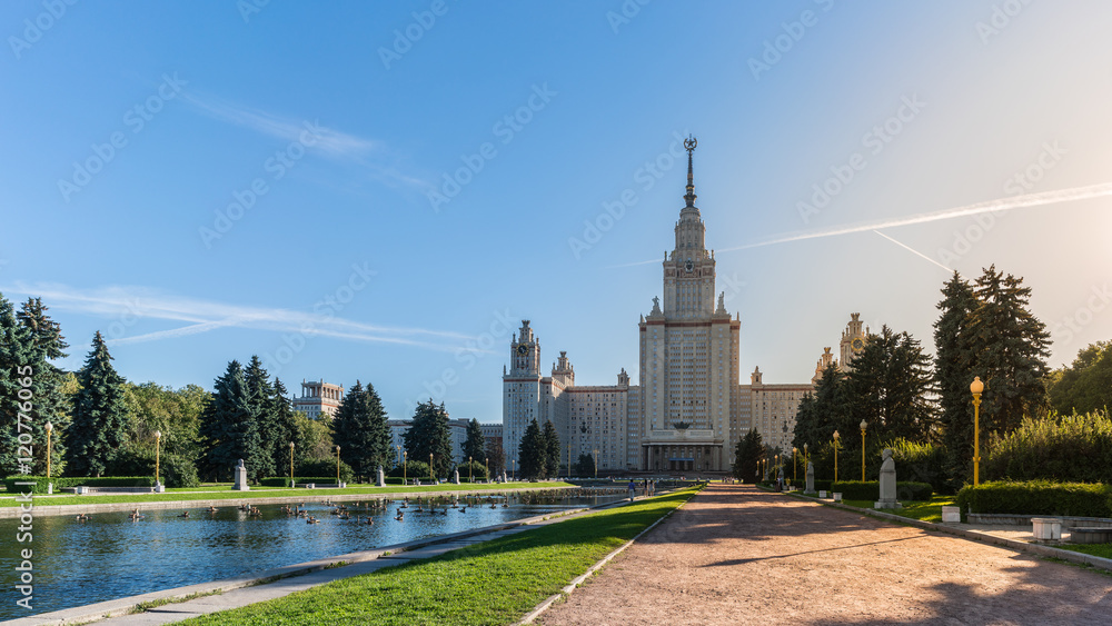 Obraz premium Light and shadow image of Lomonosov Moscow State University being rated among the universities with the best reputation in the world, Moscow , Russia