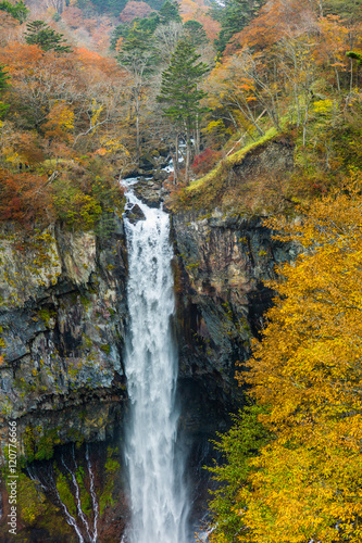 Famous Japanese waterfall Kegon at Nikko in color autumn time