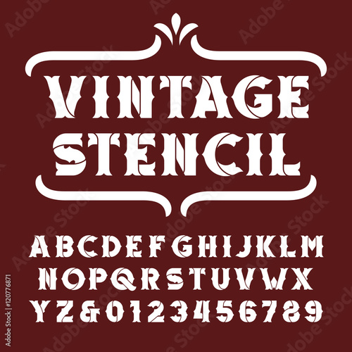Vintage stencil alphabet font. Bold letters and numbers. Retro vector typeface for your design.