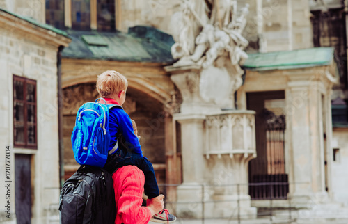 Photography father and son travel in the city of Vienna, Austria