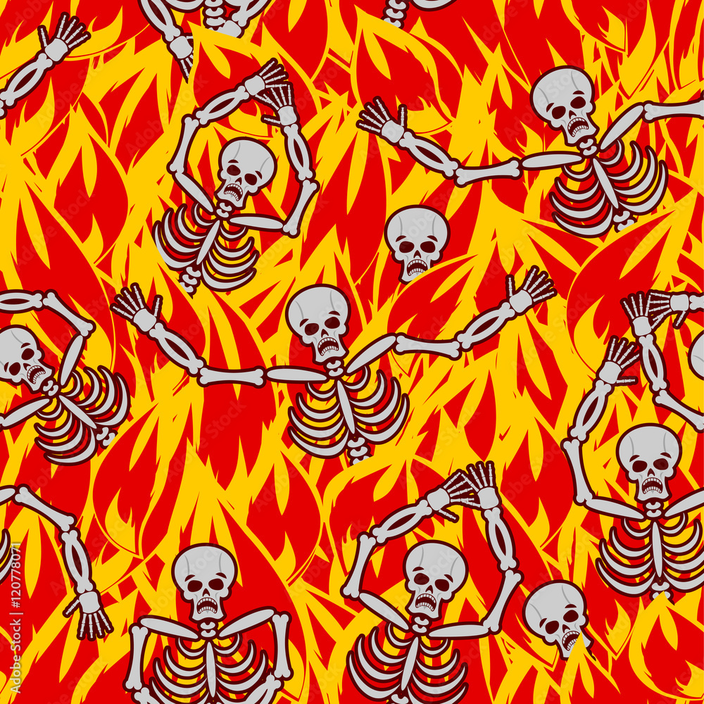 Sinners in fire hell seamless pattern. dead in Gehenna. Skeleton