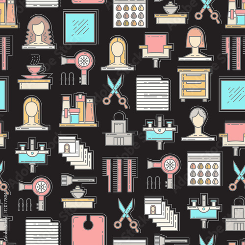 Pattern with colored and isolated symbols of hair salon on black color