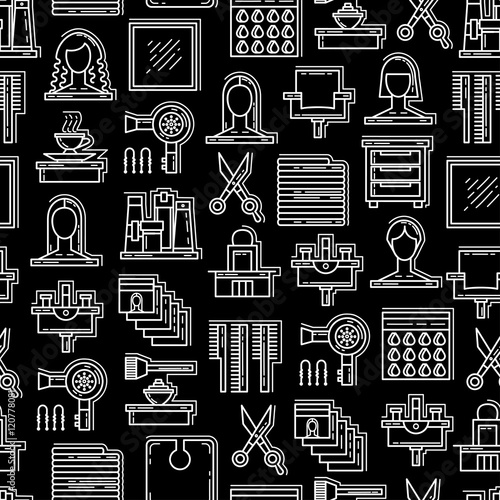 Pattern with isolated symbols of hair salon on black color