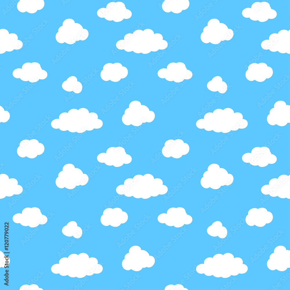 Seamless background pattern with white clouds in blue sky. Vector illustration 