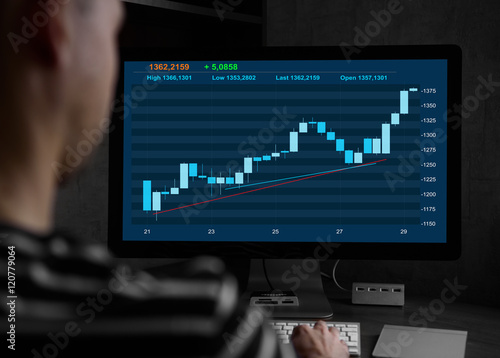 trader working on a computer. stock market chart
