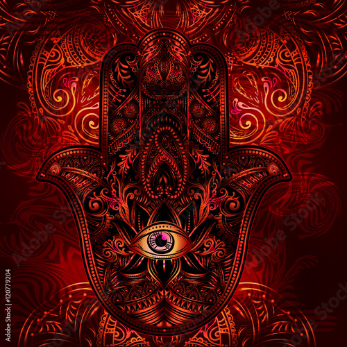 Hand drawn Ornate amulet Hamsa Hand of Fatima. Ethnic amulet common in Indian, Arabic and Jewish cultures.