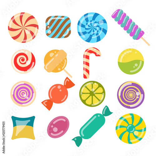 lollipop candies set. flat style vector illustration of 12 sweets on white background. for game, postcard, invitation and web design