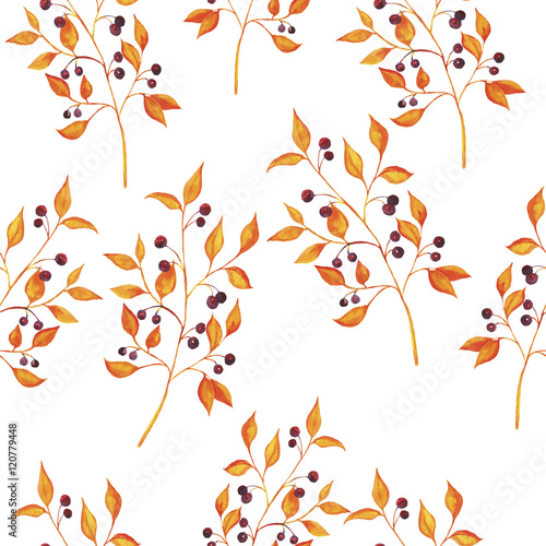 Seamless pattern with abstract autumn branches on white background. Hand drawn watercolor illustration.