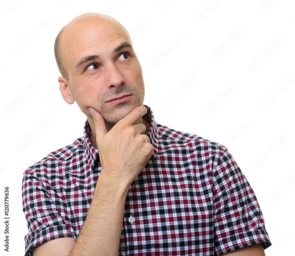 thinking man looks up with hand on chin thinking man looks up with hand on chin