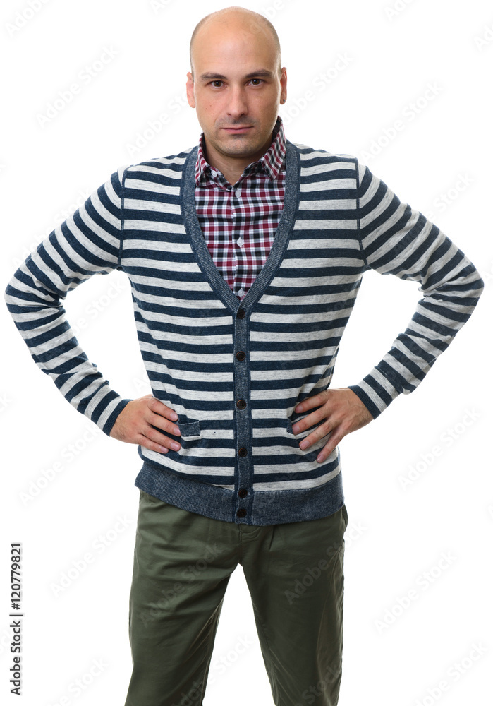 Fototapeta premium Serious Handsome bald man with hand on hips