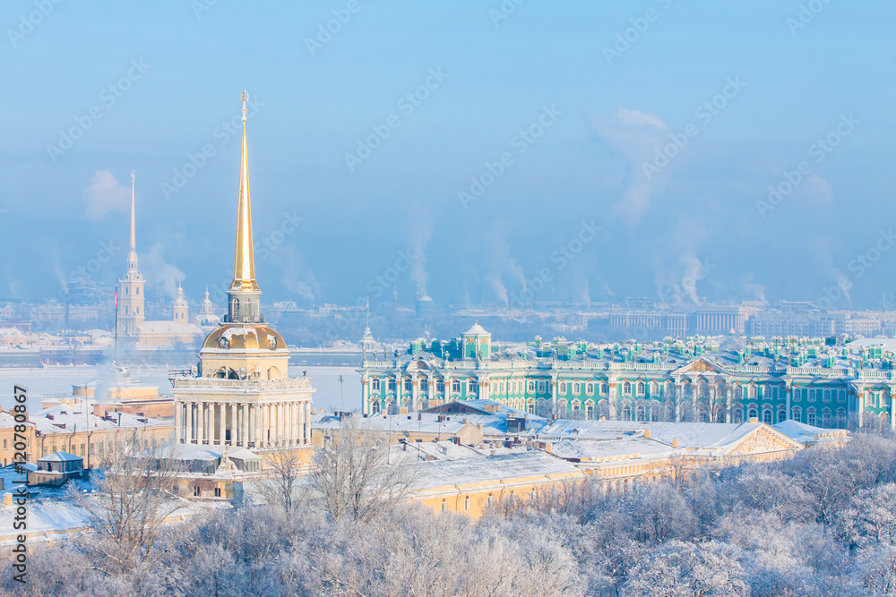 Admiralty, Hermitage Peter and Paul Fortress in winter. View from St. Isaac's Cathedral, St. Petersburg, Russia