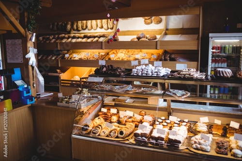 Various sweet foods in bakery shop