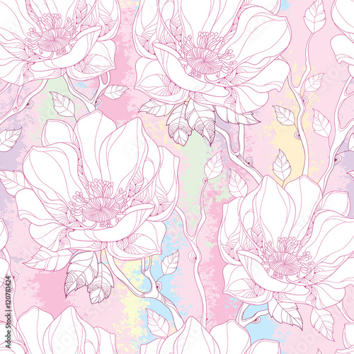 Vector seamless pattern with white magnolia flower and ornate leaves on the textured background in pastel color. Elegance floral background in contour style for summer design.