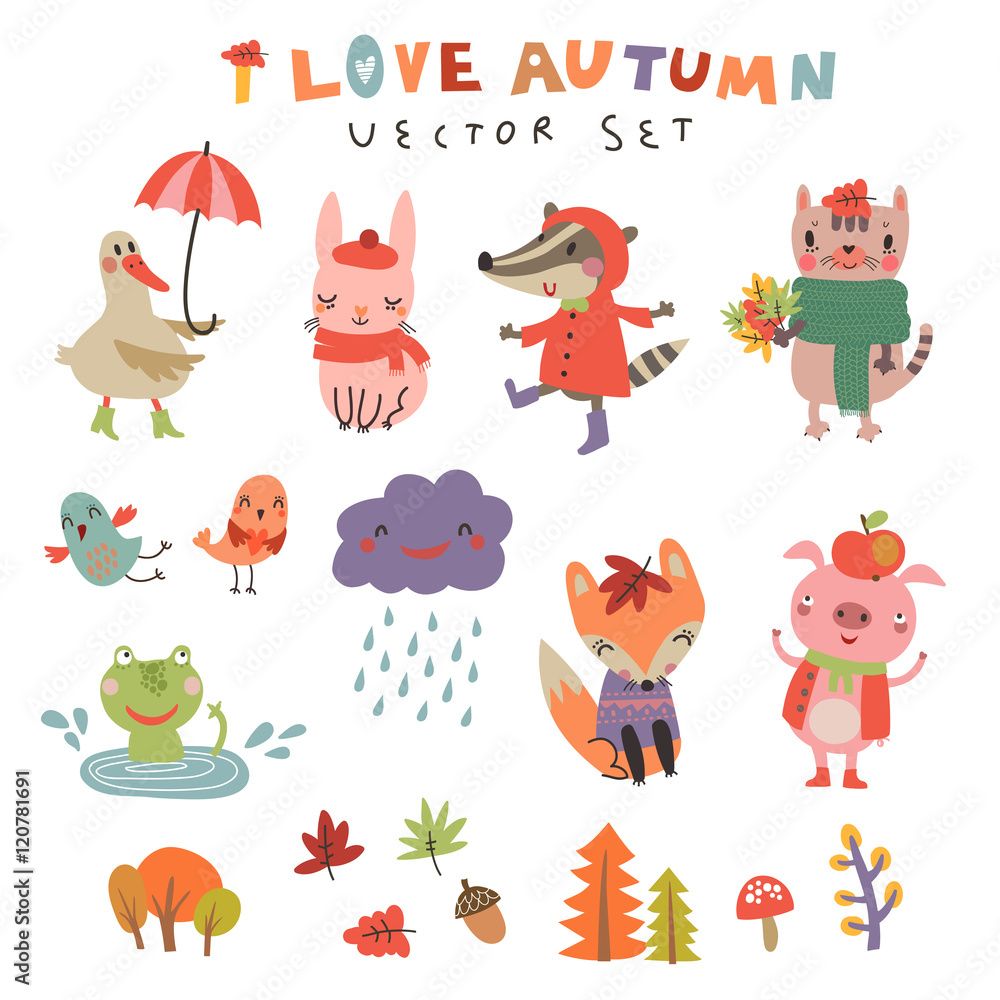 Obraz premium Cute autumn set with the characters . Vector illustration with cute animals