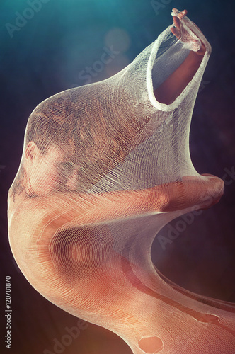 sensual woman stretching  in a white net