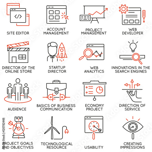 Vector set of 16 icons related to business management, strategy, career progress and business process. Mono line pictograms and infographics design elements - part 31