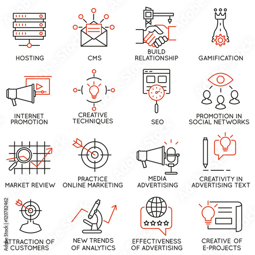 Vector set of 16 icons related to business management, strategy, career progress and business process. Mono line pictograms and infographics design elements - part 32