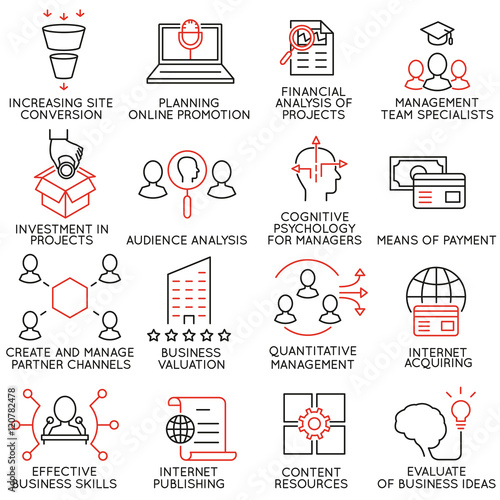 Vector set of 16 icons related to business management, strategy, career progress and business process. Mono line pictograms and infographics design elements - part 33