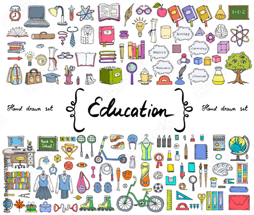 Vector set with hand drawn isolated colored doodles on the theme of education