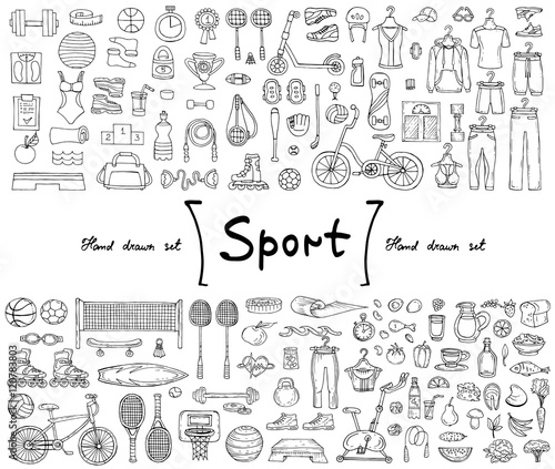 Vector set with hand drawn isolated doodles on the  theme of sport