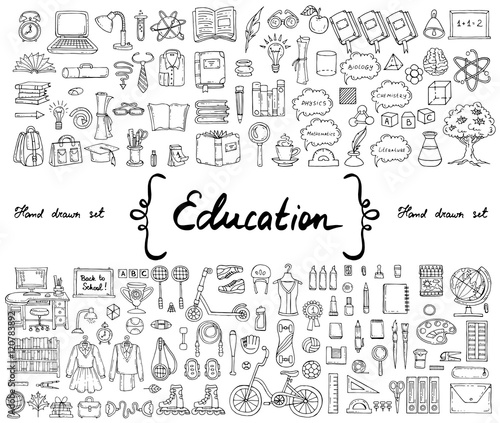 Vector set with hand drawn isolated doodles on the theme of education