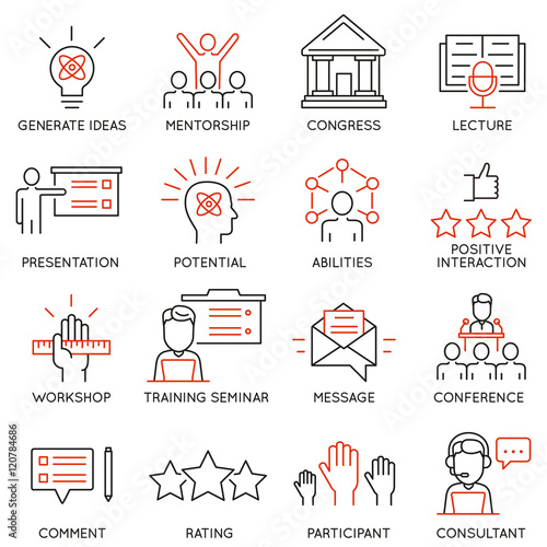 Vector set icons related to career progress, corporate management, business people training and professional consulting service. Mono line pictograms and infographics design elements