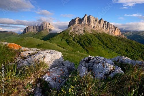 Rocks and Acheshboki (Devil's Gates) mountains,  Bolshoy Thach (Big Thach) Nature Park, Caucasian Mountains, Republic of Adygea, Russia photo