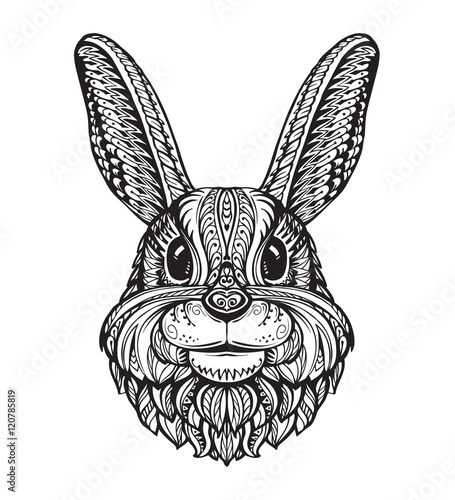 Rabbit or Bunny head isolated on white background. Hand drawn vector illustration of an ethnic style