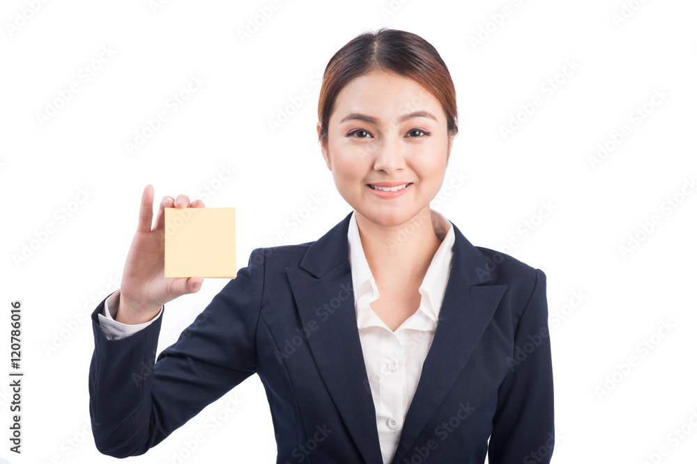 Asian Young business woman showing sticky note. Asian Young business woman showing sticky note.