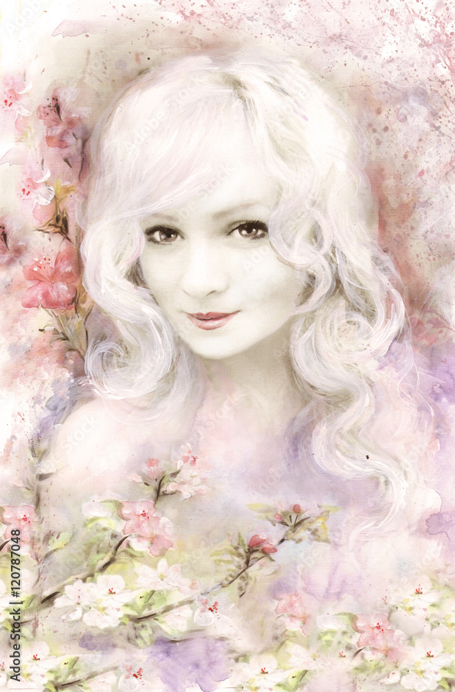 beautiful woman, watercolor painting, with pastel pink and tender flower, sakura