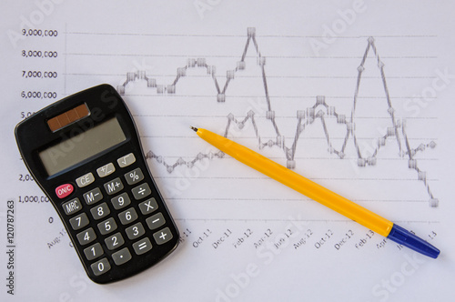 Calculator on the desk pen, calculations, chart, cap