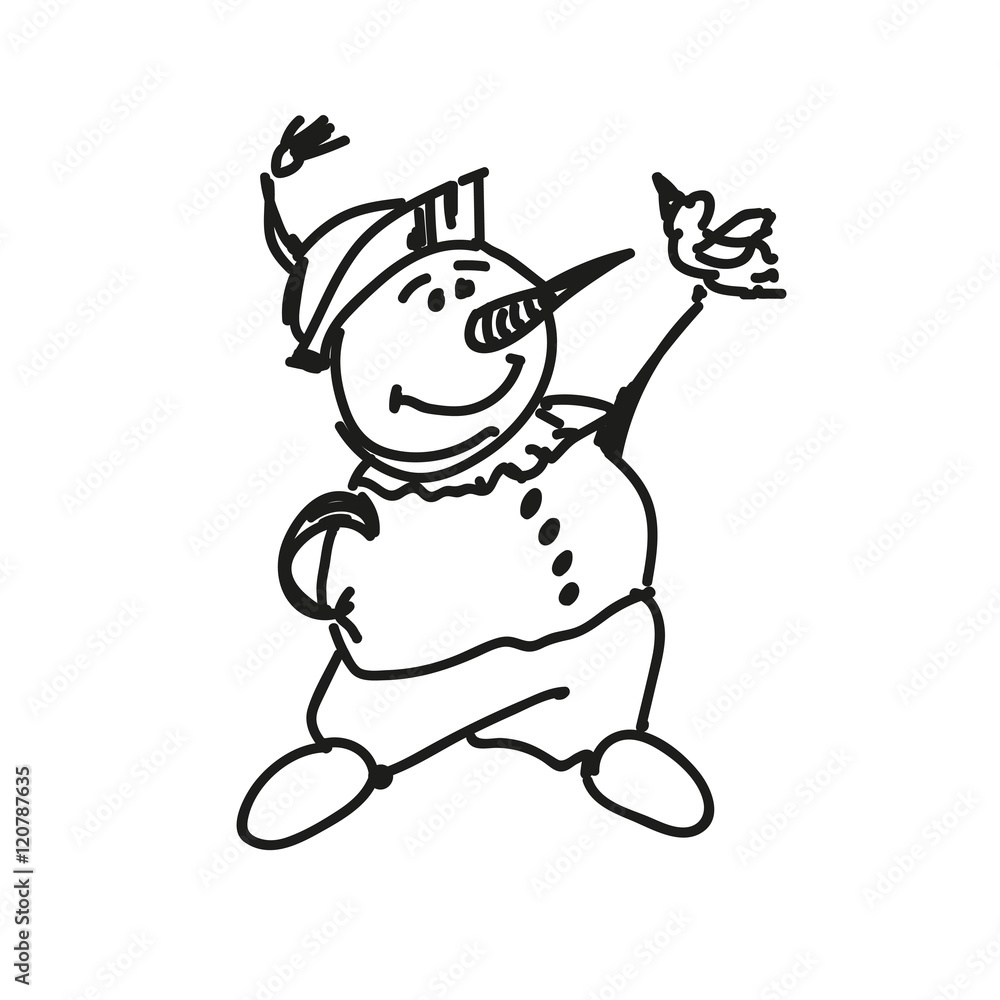 Christmas characters. A picture of a snowman playing with a bird. Monochrome pen and ink. Vector sketch Doodle style. Christmas characters. A picture of a snowman playing with a bird. Monochrome pen and ink. Vector sketch Doodle style.
