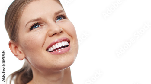 Close-up portrait of pretty woman with white toothy smile isolated over white background. Concept of dental care and fresh breath. 