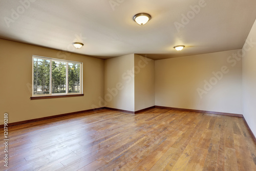 Empty room interior with creamy tone walls and hardwood floor