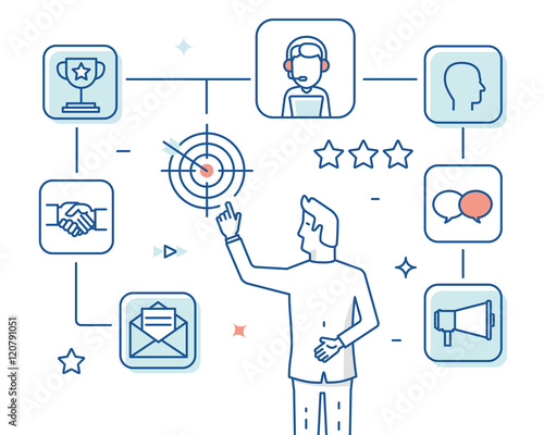 Customer relationship management, feedback, support and interaction with clients, work coordination. Infographic - vector concept illustration