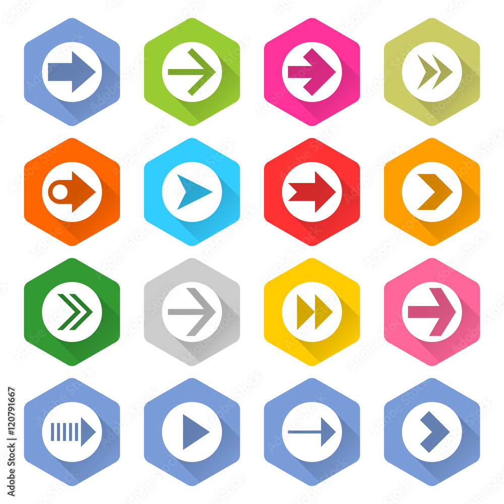 Flat arrow icon set hexagon web button Flat arrow icon set hexagon web button