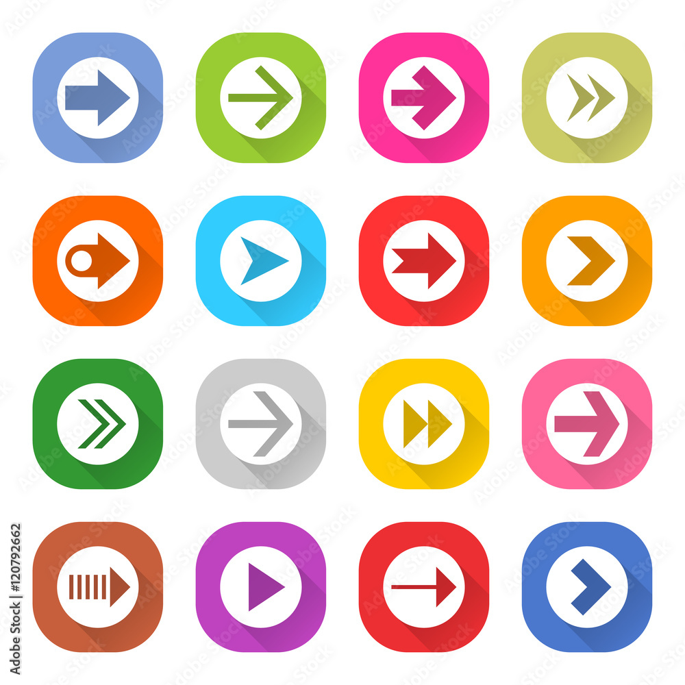 Flat arrow icon set square web button Flat arrow icon set square web button