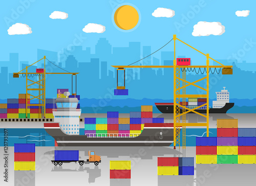 Canvas-taulu cargo ship, container crane, truck. port logistics