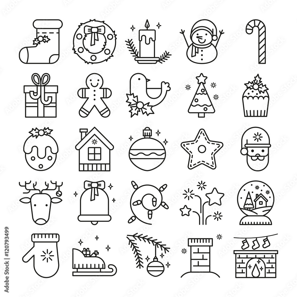 Vector line icons with christmas symbols and objects