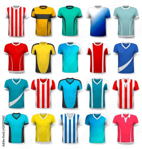 Collection of various soccer jerseys. The T-shirt is transparent