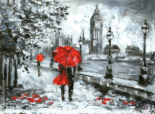 oil painting, street view of london. Artwork, Black, white and red, big ben