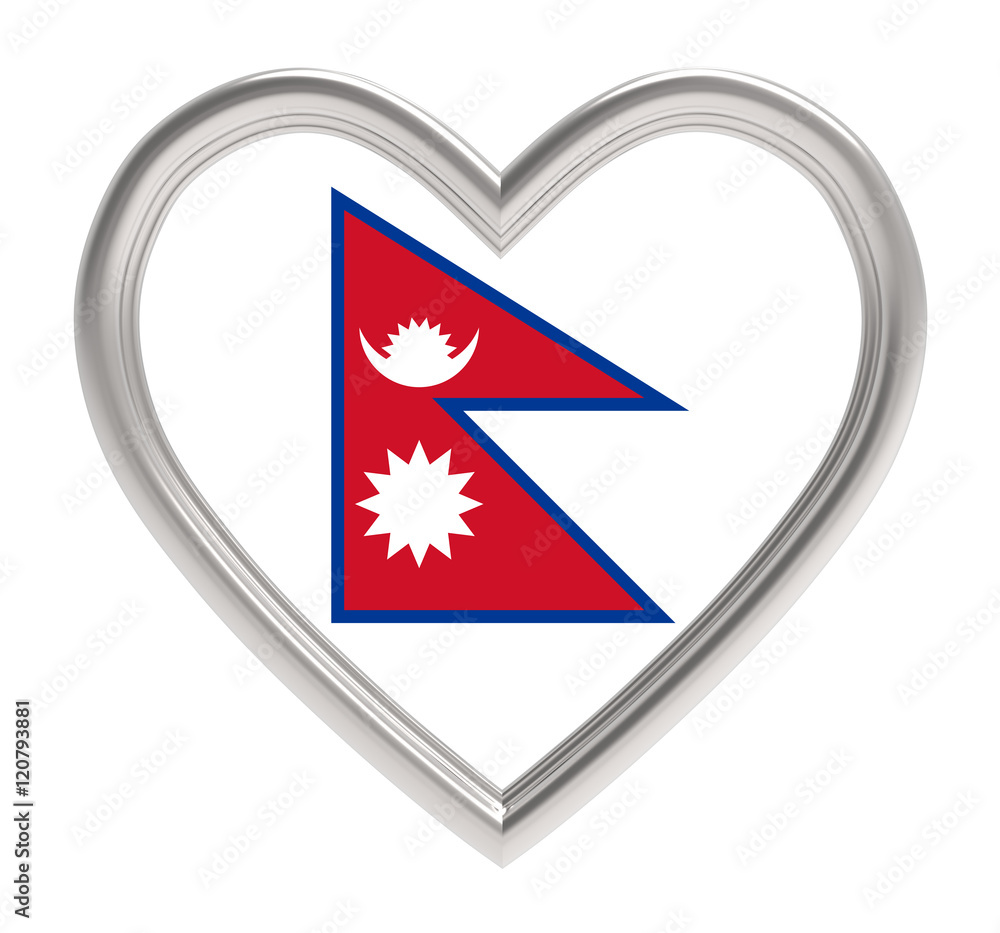 Nepal flag in silver heart isolated on white background. 3D illustration. Nepal flag in silver heart isolated on white background. 3D illustration.