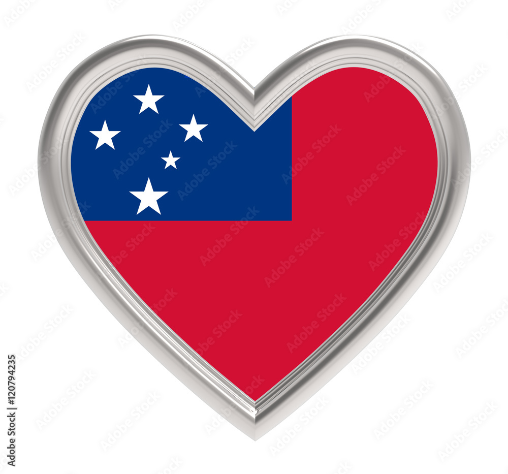 Samoa flag in silver heart isolated on white background. 3D illustration. Samoa flag in silver heart isolated on white background. 3D illustration.