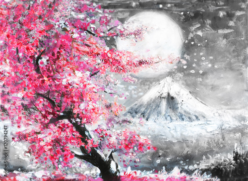 Obraz na płótnie obraz olejny krajobraz z sakura i góry, ręcznie rysowane ilustracja, Japonia