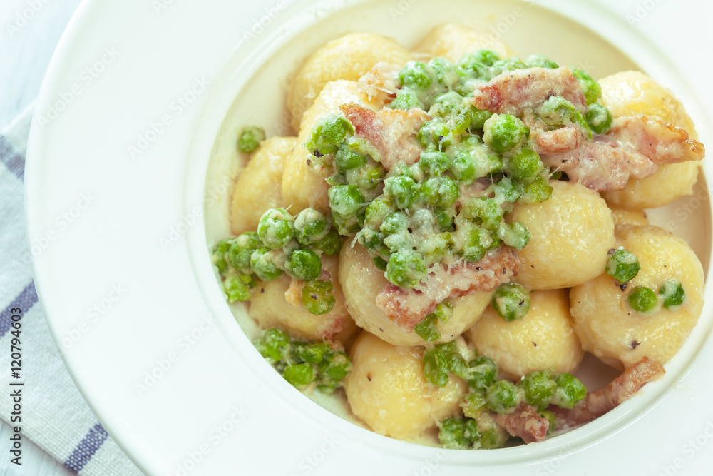Potato dumplings with fried onion and bacon Potato dumplings with fried onion and bacon