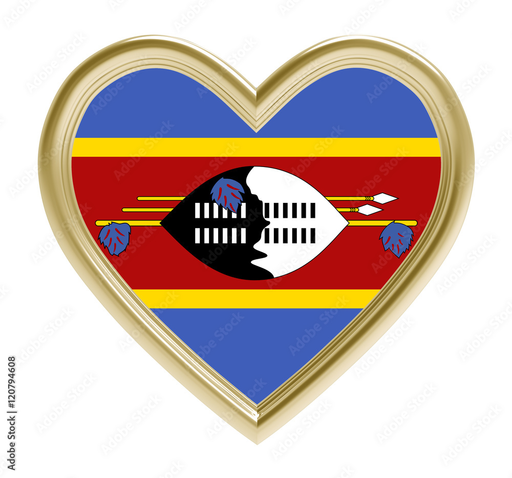 Swaziland flag in golden heart isolated on white background. 3D illustration. Swaziland flag in golden heart isolated on white background. 3D illustration.