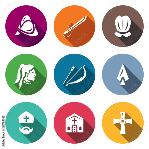 Vector Set of Spanish Conquistador Icons. Helmet, Saber, Armor, Native American, Bow, Arrow, Spear, Bishop, Church, Cross.