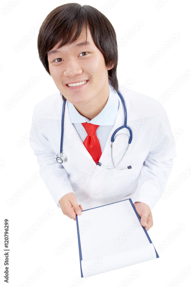 Portrait of a young doctor with papers looking at camera and smiling Portrait of a young doctor with papers looking at camera and smiling