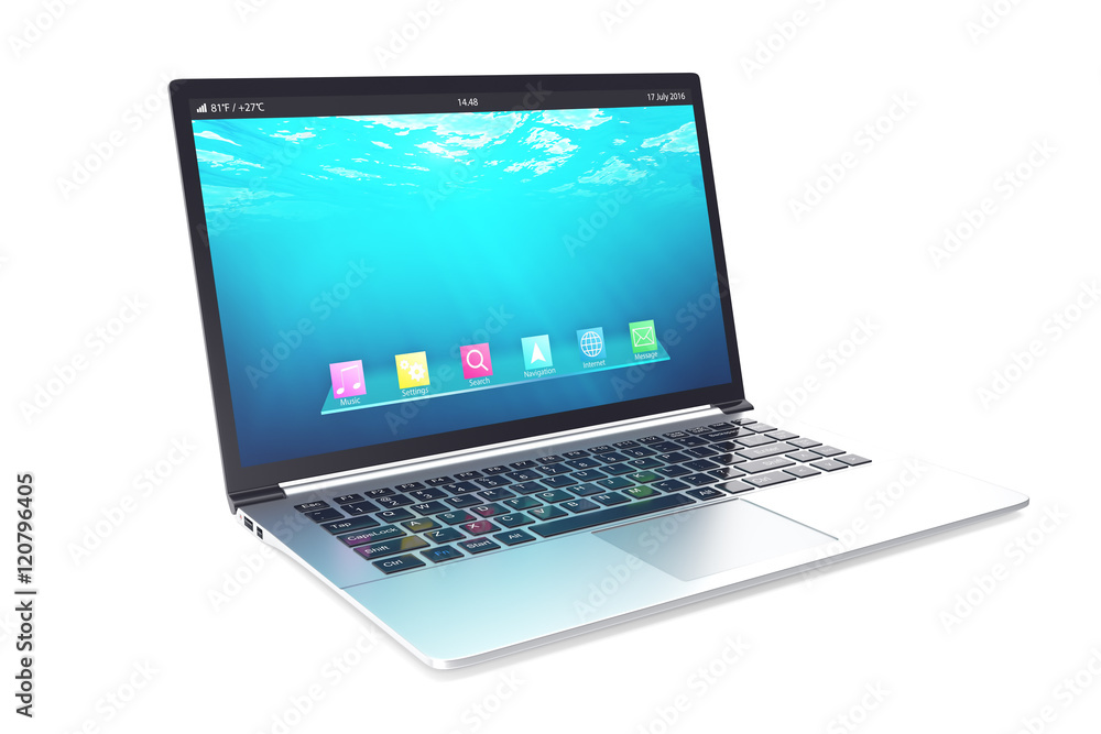 Opened notebook with blue underwater wallpapers isolated on white background. 3d illustration Opened notebook with blue underwater wallpapers isolated on white background. 3d illustration